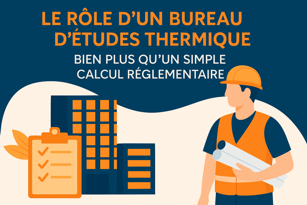 Illustration d’un ingénieur thermique avec plan, bâtiments et tableau de suivi, représentant le rôle élargi d’un BET dans la construction.