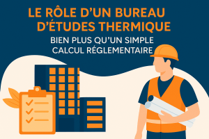 Illustration d’un ingénieur thermique avec plan, bâtiments et tableau de suivi, représentant le rôle élargi d’un BET dans la construction.