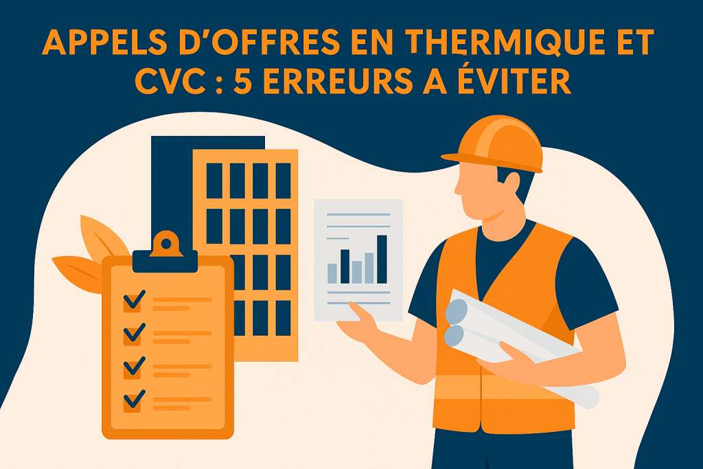 Illustration d’un chef de projet analysant des documents techniques devant un bâtiment et une checklist, représentant les enjeux des appels d’offres thermiques et CVC.