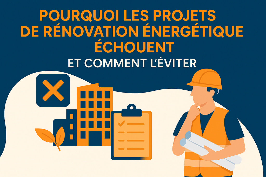 Illustration d’un ouvrier pensif devant des bâtiments, une checklist et une croix rouge, symbolisant les erreurs en rénovation énergétique.