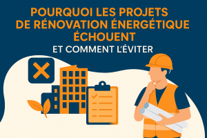 Illustration d’un ouvrier pensif devant des bâtiments, une checklist et une croix rouge, symbolisant les erreurs en rénovation énergétique.