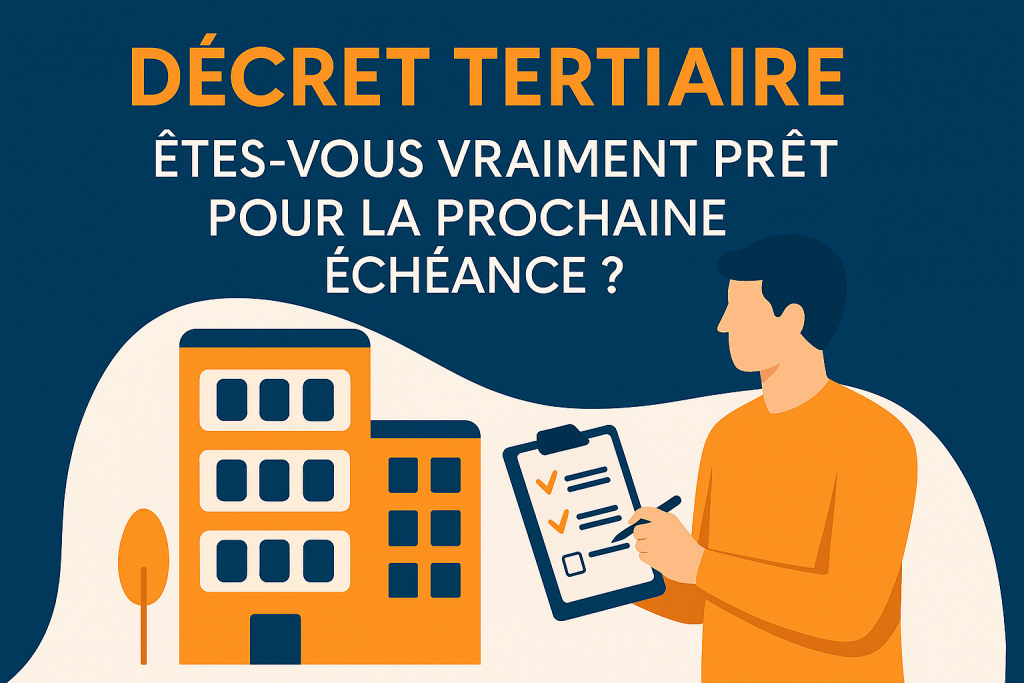 Illustration d’un bâtiment tertiaire avec des flèches de réduction d’énergie et un plan d’action, évoquant la mise en conformité au décret tertiaire.