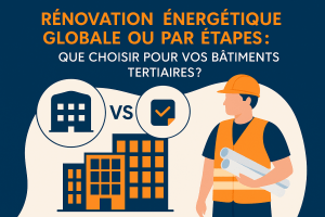 Illustration d’un choix entre deux approches de rénovation énergétique dans un bâtiment tertiaire, avec un ouvrier, icônes et symboles de performance.