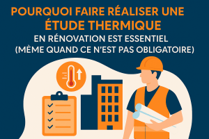 Illustration d’un professionnel en tenue de chantier avec bâtiments, thermomètre et check-list, évoquant l’importance de l’étude thermique en rénovation.
