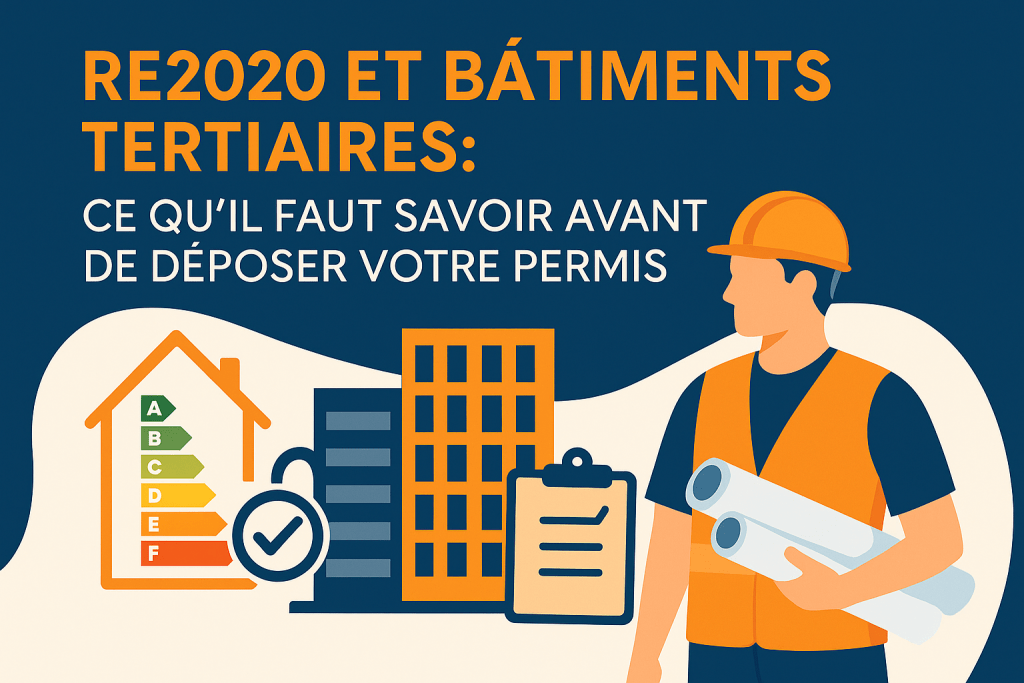 Illustration d’un architecte devant un bâtiment tertiaire et une étiquette énergétique, soulignant les enjeux de la RE2020 pour les projets non résidentiels.