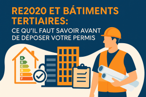 Illustration d’un architecte devant un bâtiment tertiaire et une étiquette énergétique, soulignant les enjeux de la RE2020 pour les projets non résidentiels.