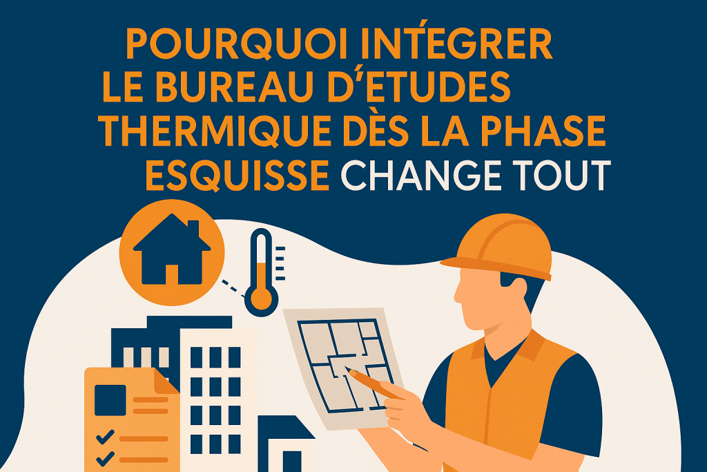 Illustration d’un architecte examinant un plan en phase esquisse, accompagné de pictogrammes de température et de bâtiment, symbolisant la coordination énergétique précoce.