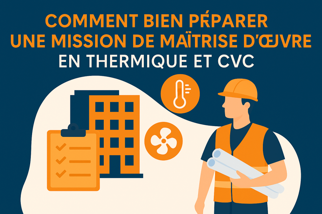 Illustration d’un bureau d’études thermique analysant des plans techniques CVC, symbolisant la rigueur nécessaire en maîtrise d’œuvre énergétique.
