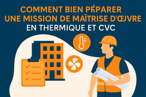 Illustration d’un bureau d’études thermique analysant des plans techniques CVC, symbolisant la rigueur nécessaire en maîtrise d’œuvre énergétique.