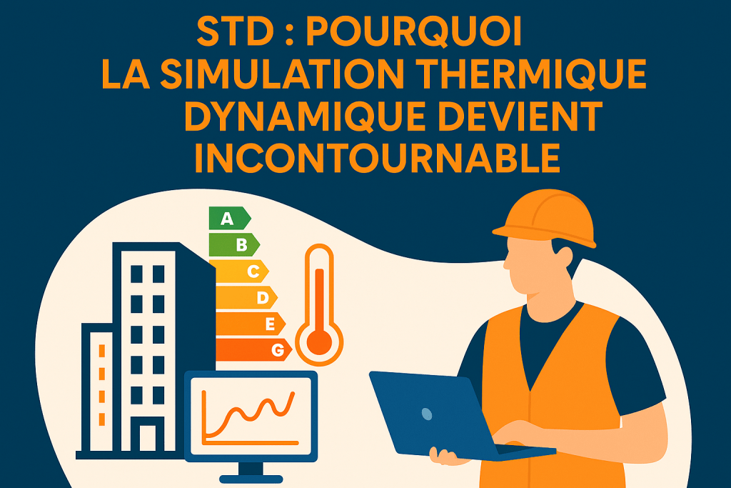Illustration d’un technicien en bureau d’études analysant les résultats d’une simulation thermique dynamique avec bâtiment, courbe et étiquette énergie.