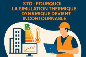 Illustration d’un technicien en bureau d’études analysant les résultats d’une simulation thermique dynamique avec bâtiment, courbe et étiquette énergie.